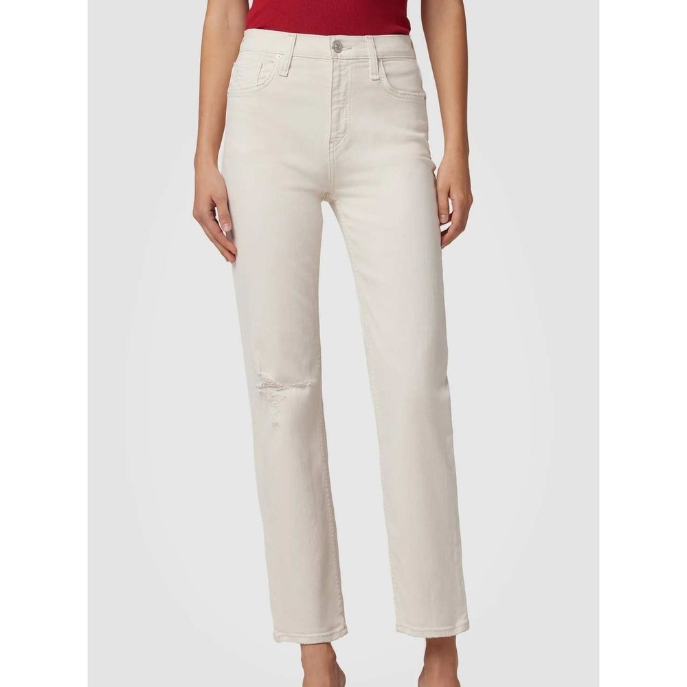Hudson Remi High Rise Straight Ankle in Distressed Egret‎ White Womens 32 Ripped